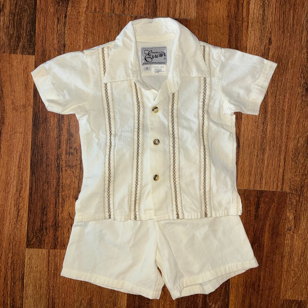 Vintage Juan Jr Boys White Guayabera Shirt and Shorts Set Size 1 Cotton 2pc